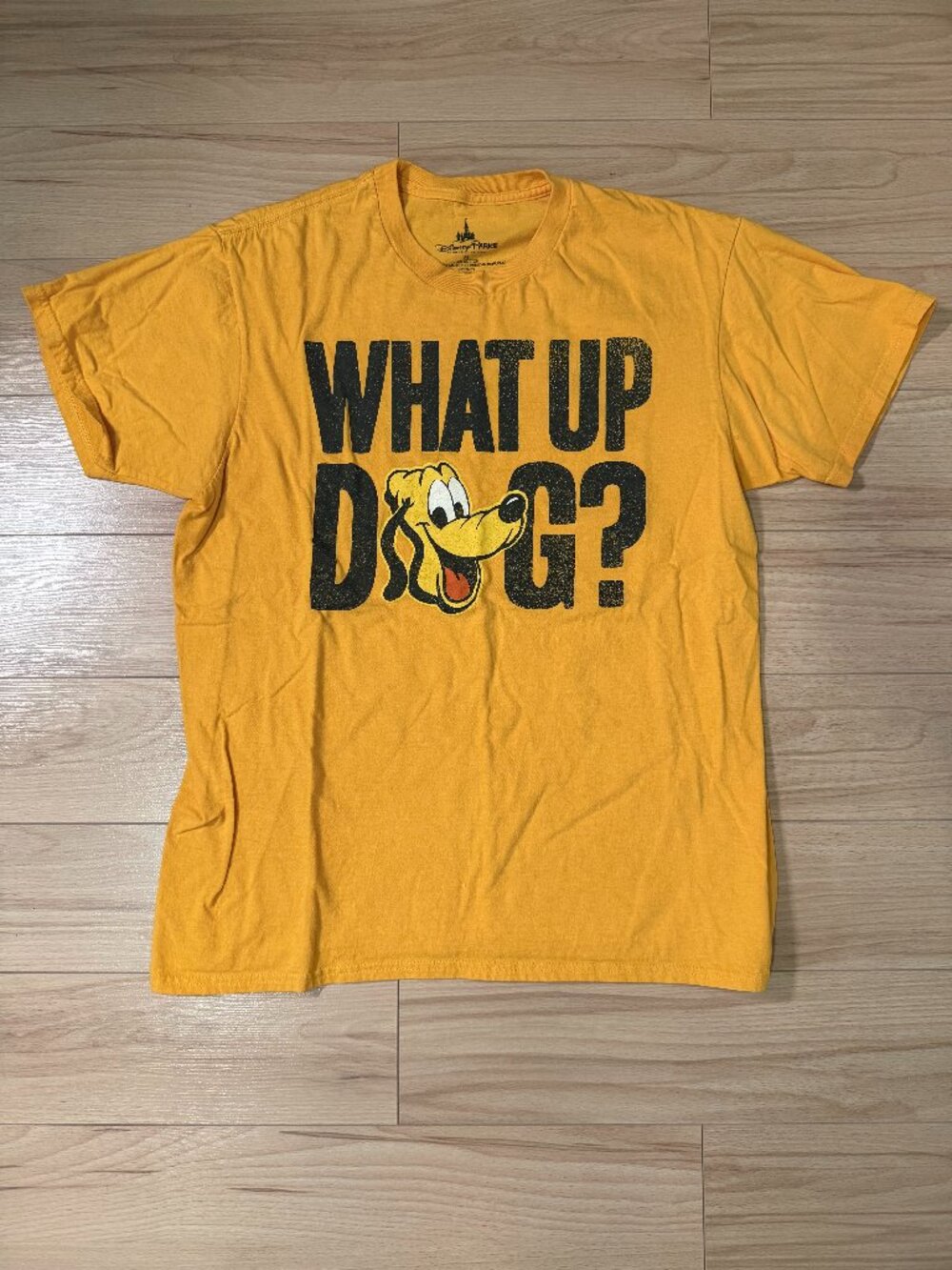 Disney Parks Pluto Graphic T-Shirt Yellow What Up Dog Distressed Print Size M